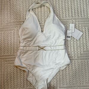 La Blanca White One-Piece Swimsuit with Gold Belt Accent - Size 16W